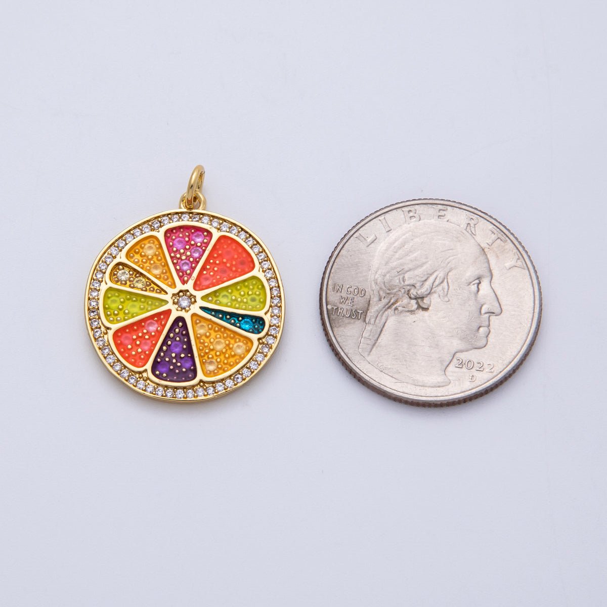 18K Gold Filled 25mm Micro Paved CZ Rainbow Citrus Slice Fruit Medallion Charm | Charms - 00138 - DLUXCA