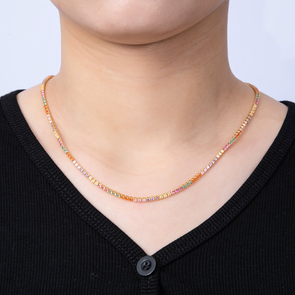 18K Gold Filled 2.5mm Multicolor CZ Tennis Chain 18 Inch Necklace w. Extender | WA - 04196 - DLUXCA