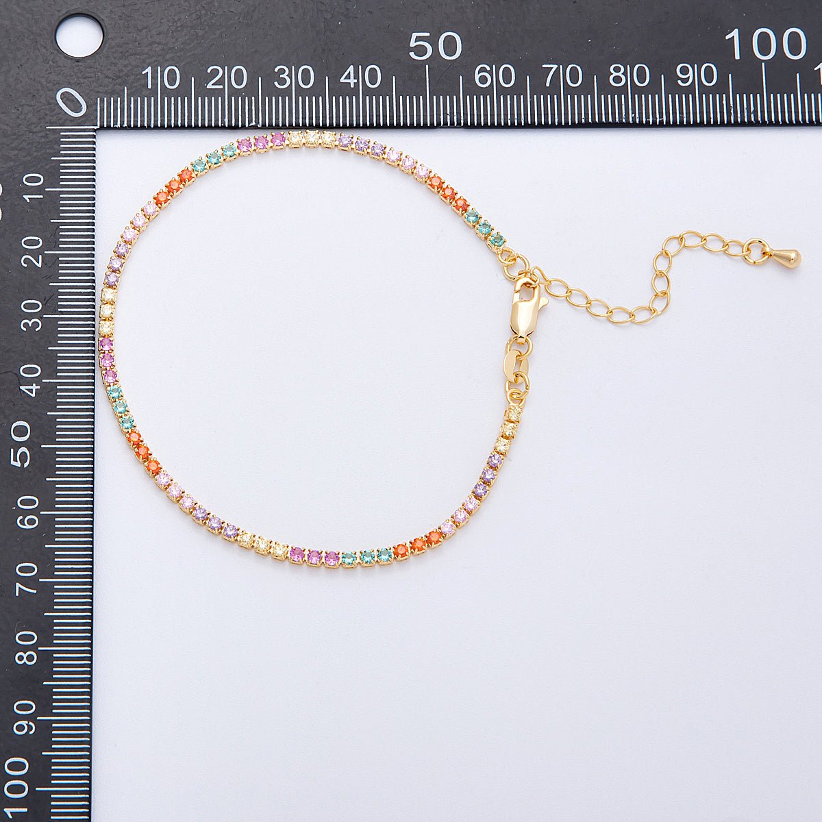 18K Gold Filled 2.5mm Multicolor CZ Tennis Chain 8 Inch Bracelet w. Extender | WA - 04198 - DLUXCA