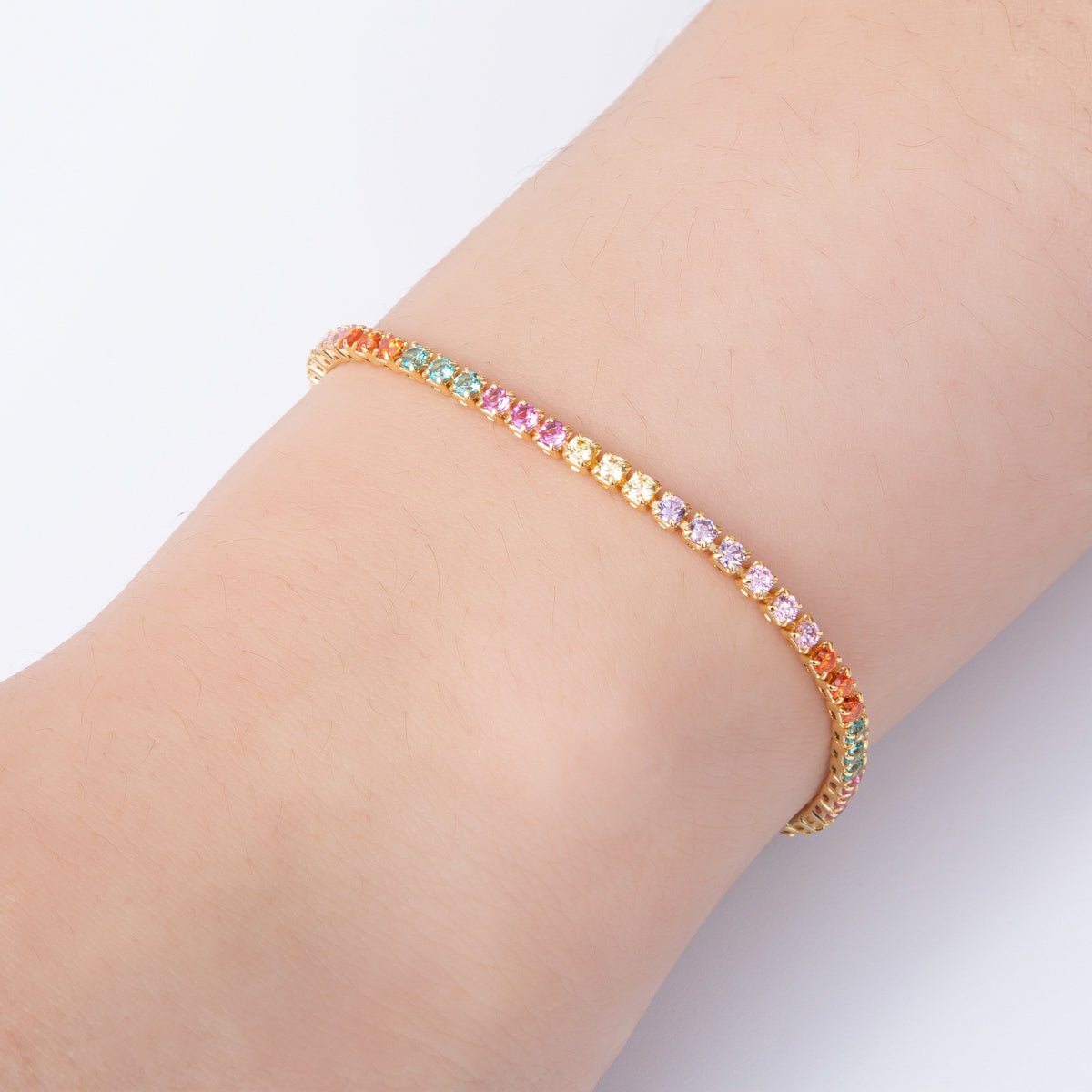 18K Gold Filled 2.5mm Multicolor CZ Tennis Chain 8 Inch Bracelet w. Extender | WA - 04198 - DLUXCA