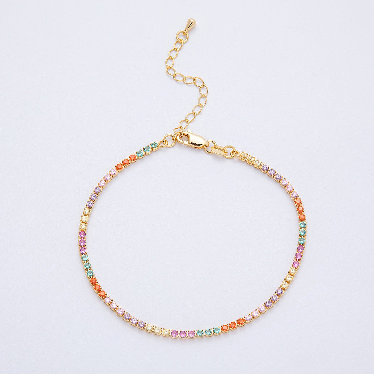 18K Gold Filled 2.5mm Multicolor CZ Tennis Chain 8 Inch Bracelet w. Extender | WA - 04198 - DLUXCA