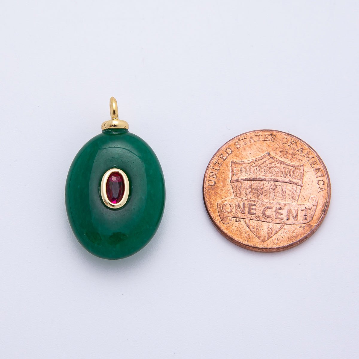 18K Gold Filled 25mm Red CZ Oval Accent Malaysian Jade Gemstone Drop Charm | AF1325 - DLUXCA
