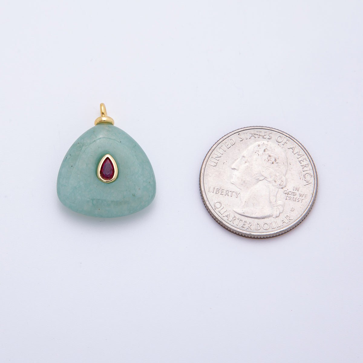 18K Gold Filled 25mm Red CZ Teardrop Accent Triangle Green Aventurine Gemstone Drop Charm | AF1330 - DLUXCA