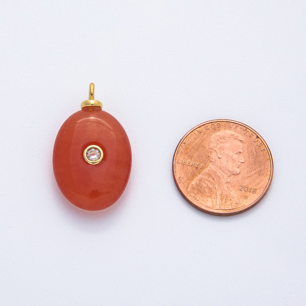 18K Gold Filled 25mm Round CZ Oval Center Carnelian Gemstone Drop Charm | AF1327 - DLUXCA