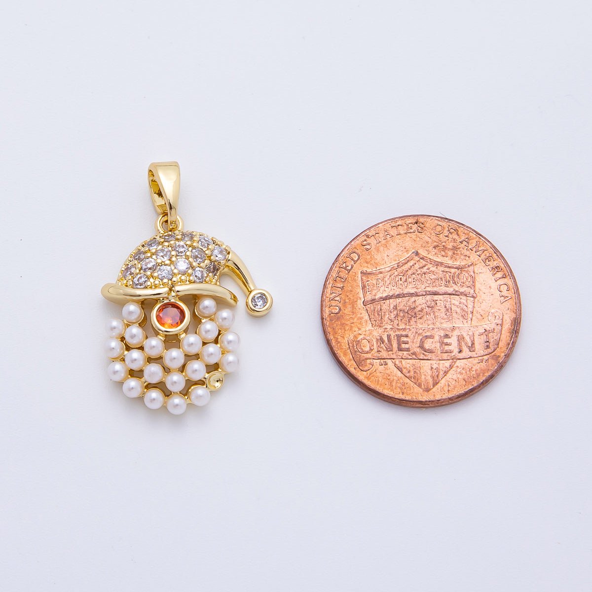 18K Gold Filled 25mm Round CZ Santa Claus Saint Nicholas Shell Pearl Beard Christmas Pendant | AF1143 - DLUXCA
