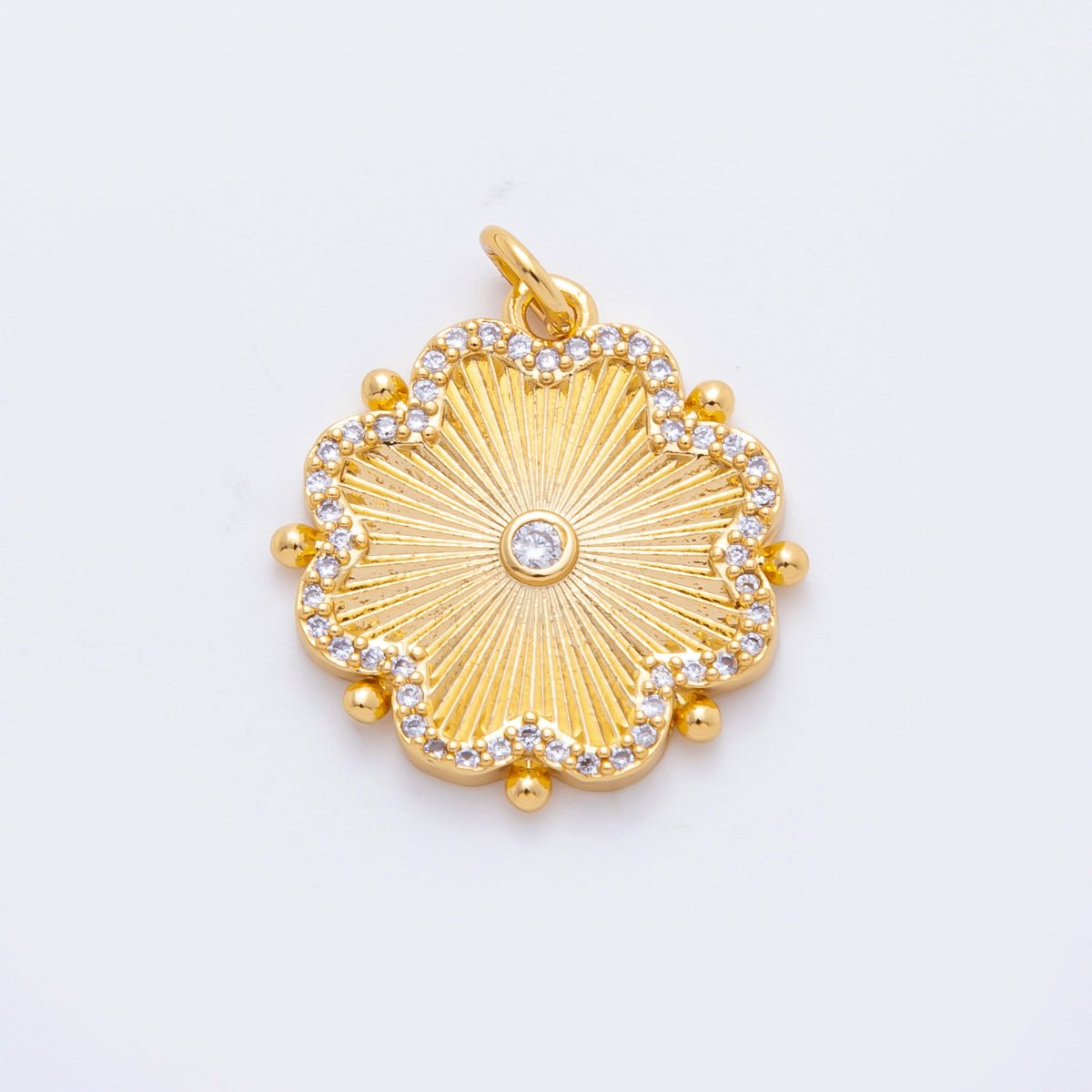 18K Gold Filled 25mm Round CZ SunBurst Bloom Clover Flower Charm | N611 - DLUXCA