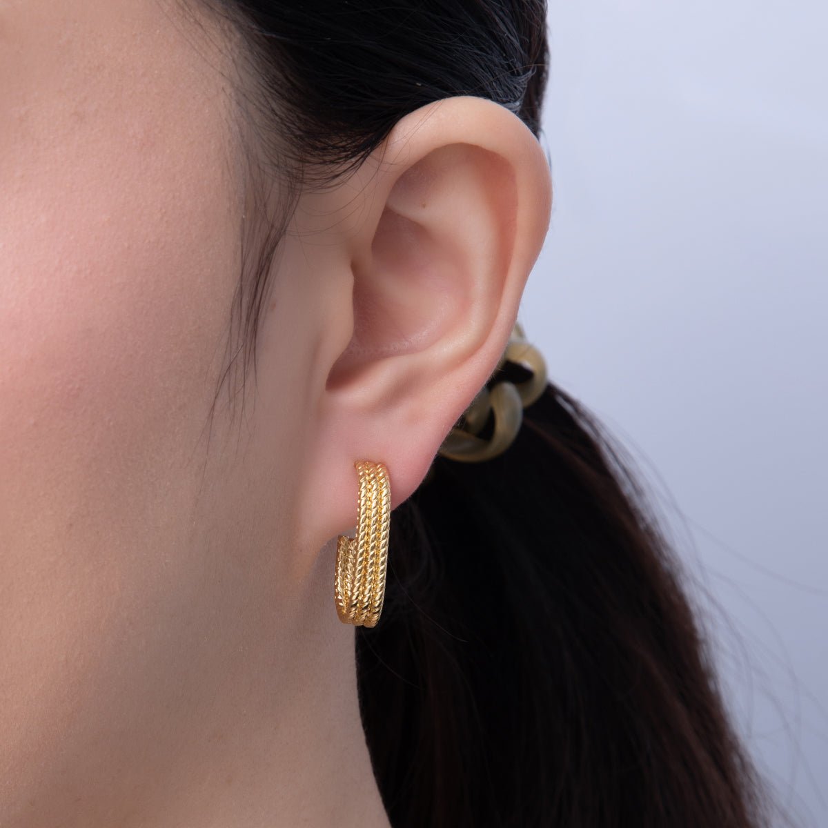 18K Gold Filled 25mm Triple Rope J - Shaped Hoop Earrings | AD1650 - DLUXCA