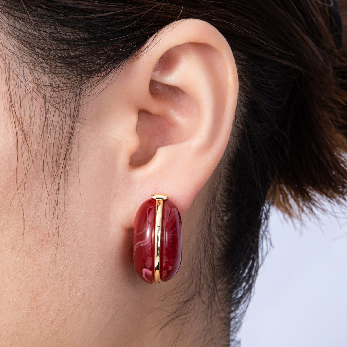 18K Gold Filled 25mm White, Blue, Black, Red, Beige, Brown Resin Chubby C - Shaped Hoop Earrings | Earrings - 00154 ~ Earrings - 00159 - DLUXCA