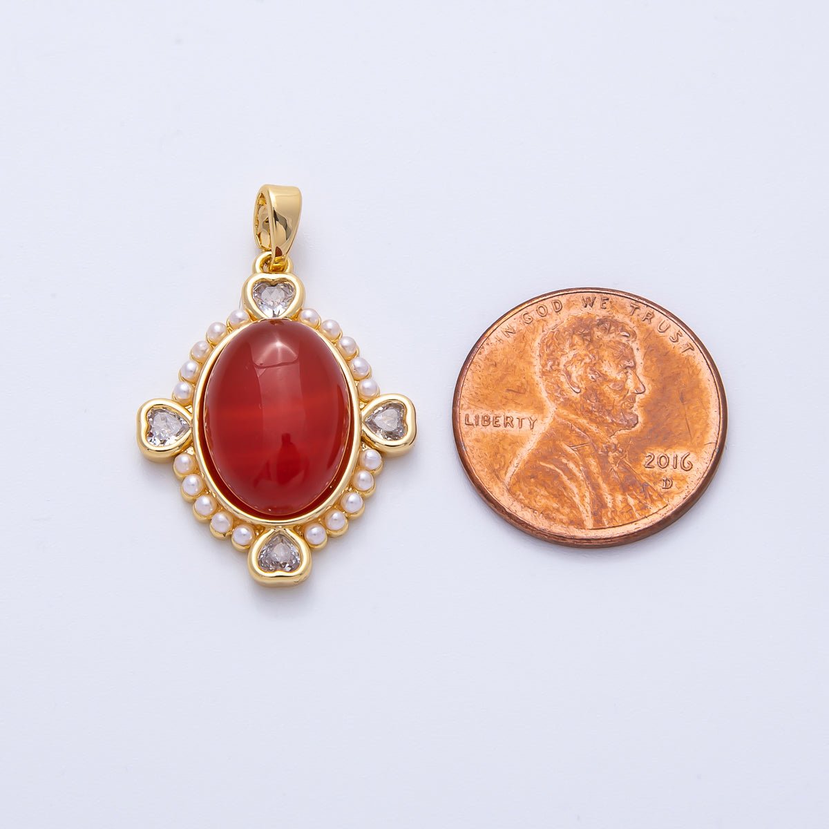 18K Gold Filled 25mm White Shell Pearl Heart CZ Shaped Oval Natural Gemstone Pendant | Charms - 00079 - DLUXCA