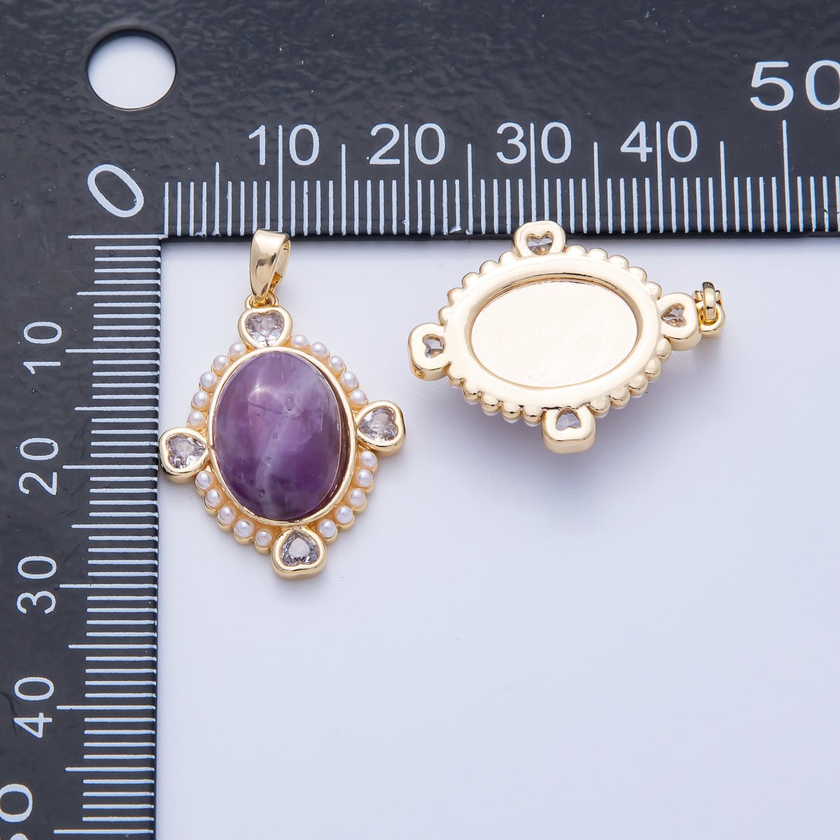 18K Gold Filled 25mm White Shell Pearl Heart CZ Shaped Oval Natural Gemstone Pendant | Charms - 00079 - DLUXCA