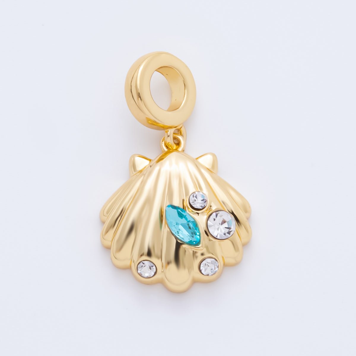 18K Gold Filled 26mm Aqua Blue CZ Sea Shell Line Textured Pendant | AH - 909 - DLUXCA