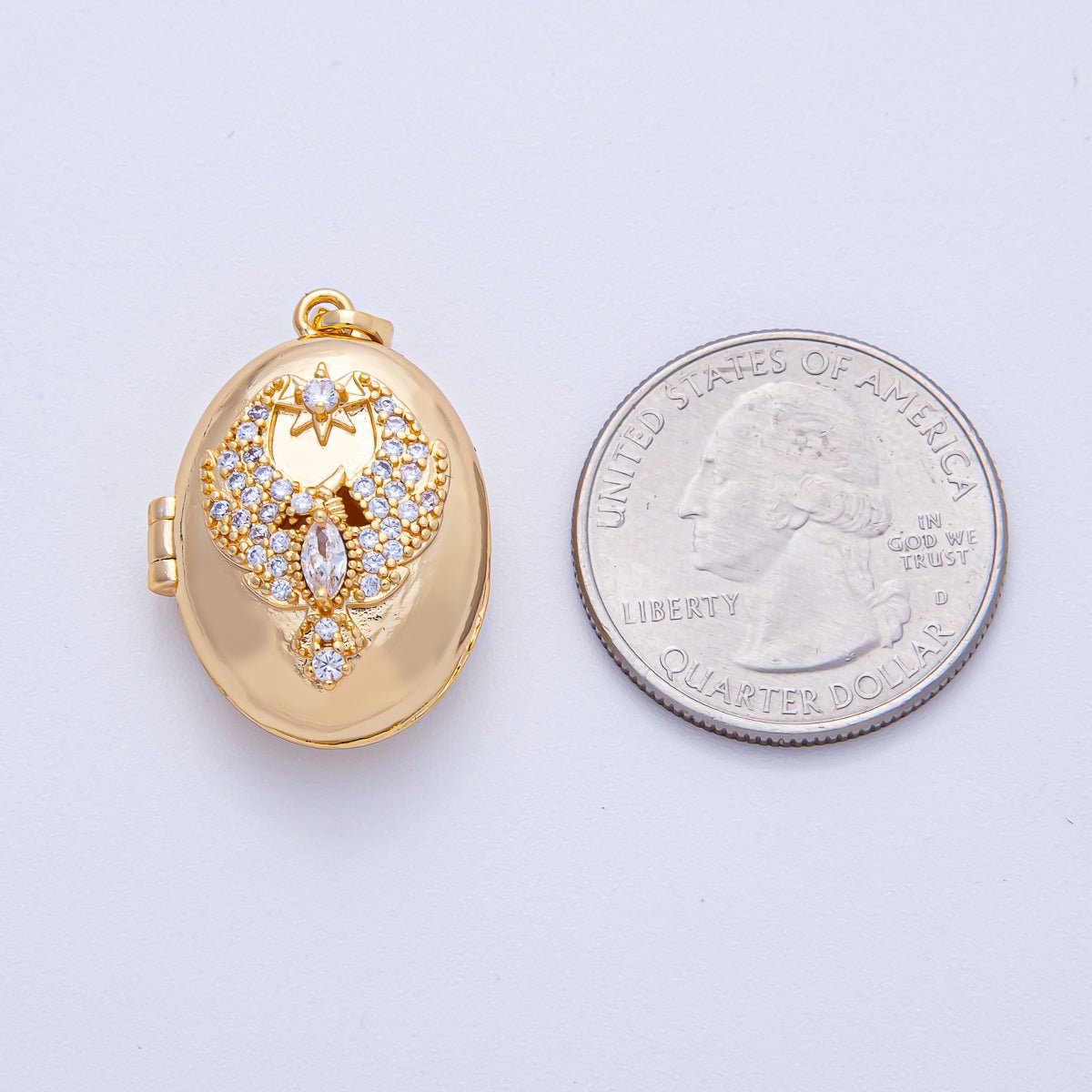 18K Gold Filled 26mm Bird Star Micro Paved CZ Oval Locket Pendant | AF1200 - DLUXCA
