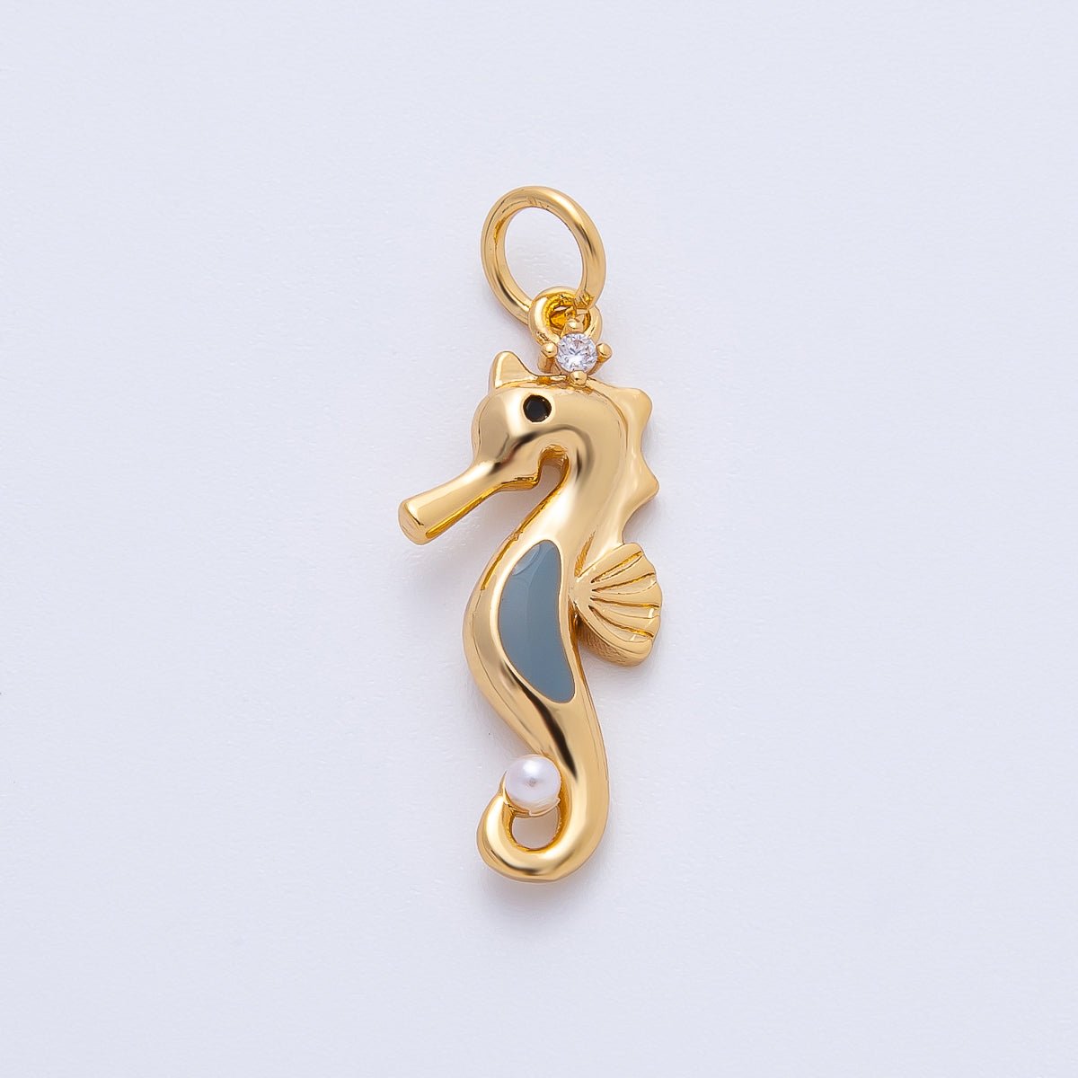 18K Gold Filled 26mm Black, Clear Round CZ Shell Pearl Under the Sea Seahorse Charm | AF1398 - DLUXCA