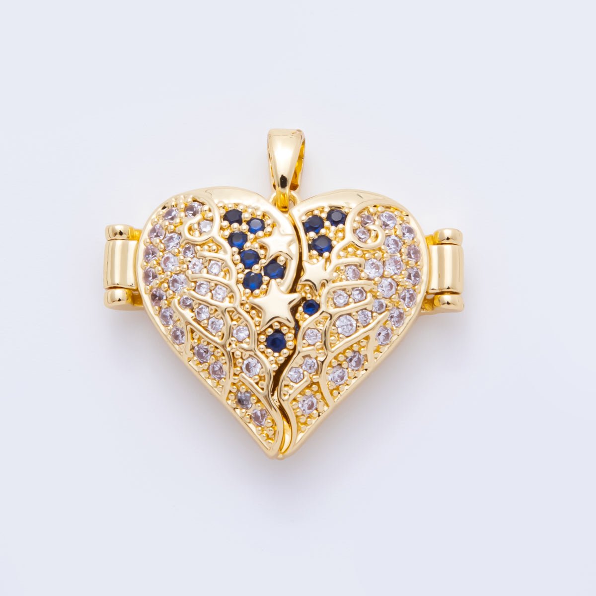 18K Gold Filled 26mm Clear & Blue Micro Paved CZ Vintage Style Heart Wings Locket Pendant | AH - 807 - DLUXCA