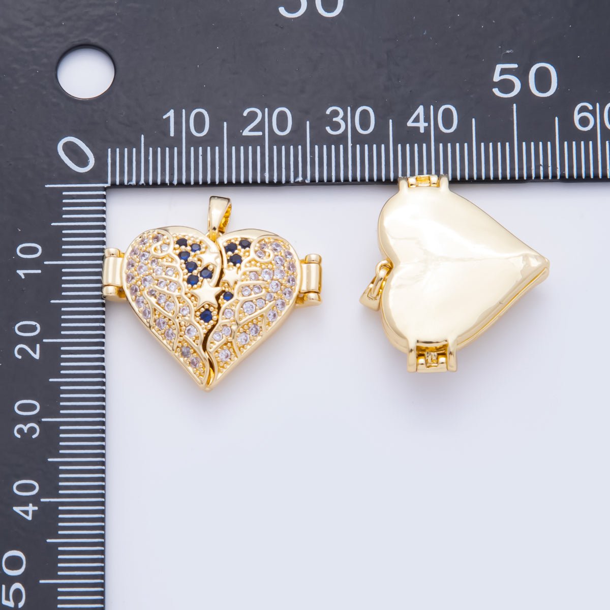 18K Gold Filled 26mm Clear & Blue Micro Paved CZ Vintage Style Heart Wings Locket Pendant | AH - 807 - DLUXCA