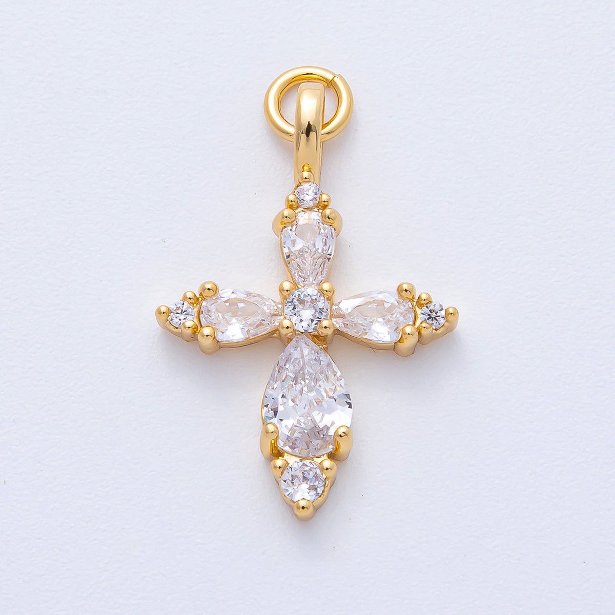 18K Gold Filled 26mm Clear CZ Teardrop Religious Passion Cross Charm | AK199 - DLUXCA