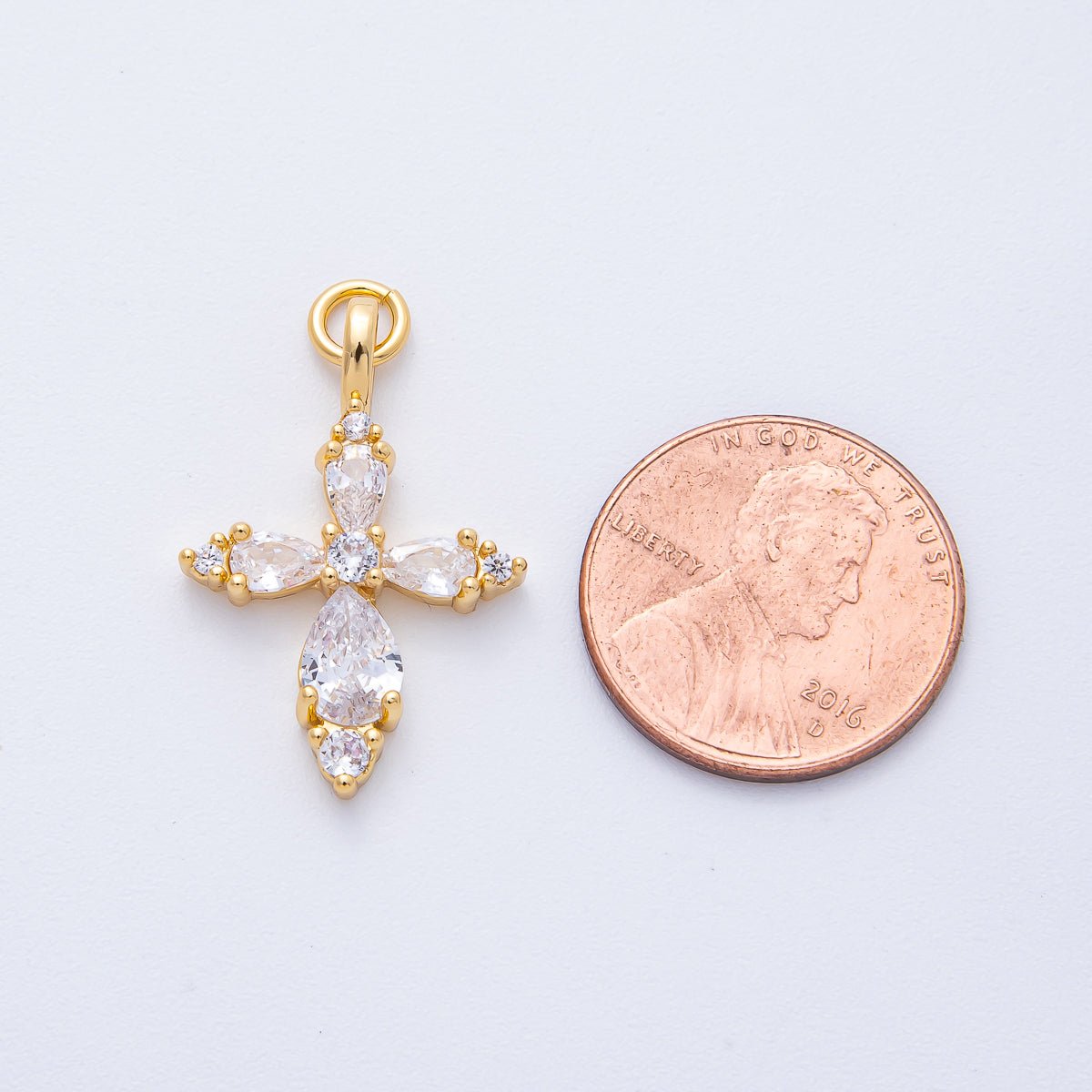 18K Gold Filled 26mm Clear CZ Teardrop Religious Passion Cross Charm | AK199 - DLUXCA