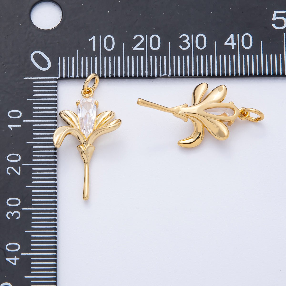 18K Gold Filled 26mm Clear Teardrop CZ Lily Flower Charm | AK198 - DLUXCA