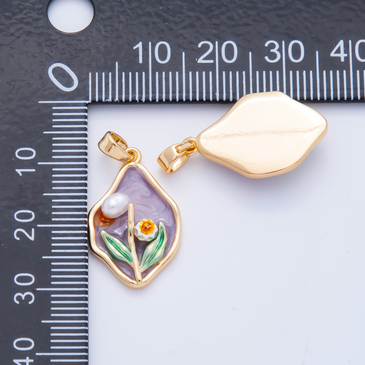 18K Gold Filled 26mm Gold CZ Enamel Art Shell Pearl Lavender Haze Flower Pendant | I - 848 - DLUXCA