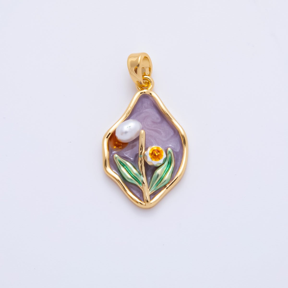 18K Gold Filled 26mm Gold CZ Enamel Art Shell Pearl Lavender Haze Flower Pendant | I - 848 - DLUXCA