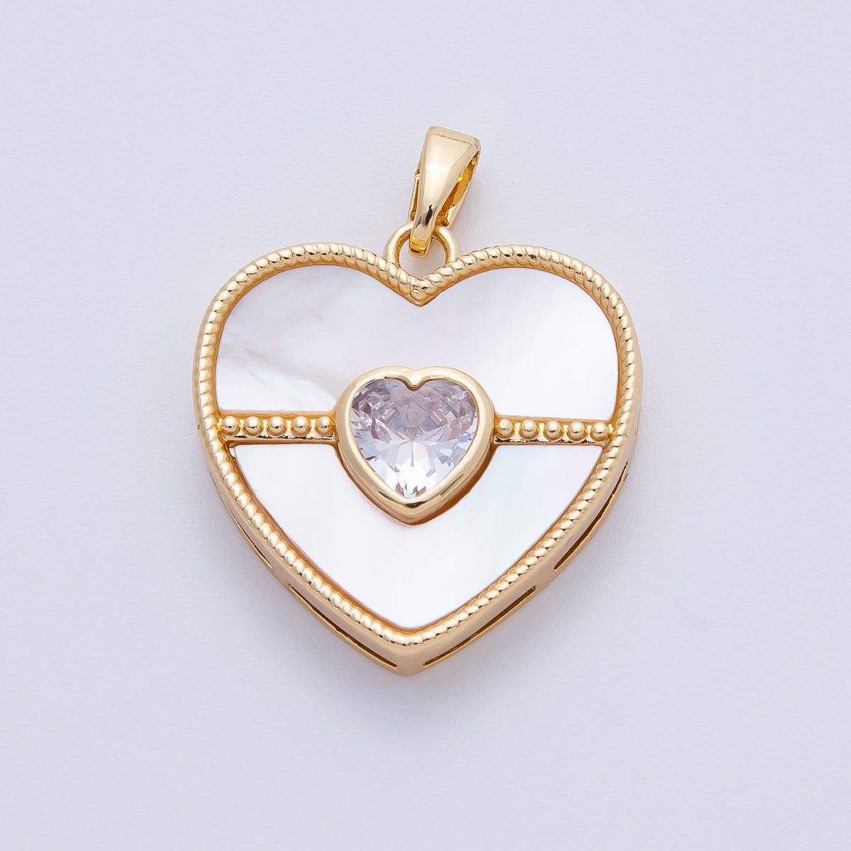 18K Gold Filled 26mm Heart - Shaped CZ Mother of Pearl Dainty Lovely Drop Pendant | AF1146 - DLUXCA