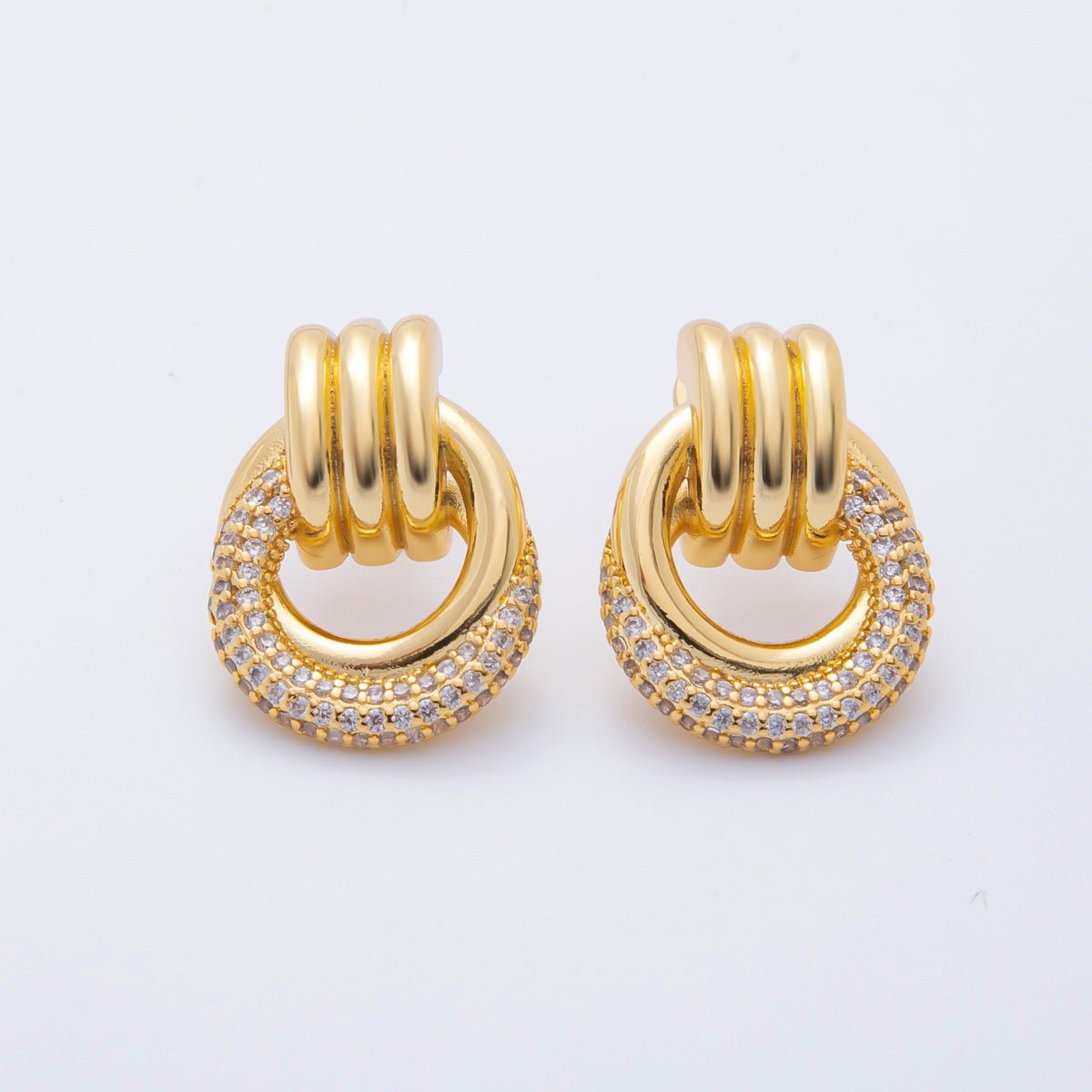 18K Gold Filled 26mm Micro Paved CZ Triple Band Door Knocker Drop Stud Earrings in Gold, Silver & Mixed Metal | AJ265 - AJ267 - DLUXCA