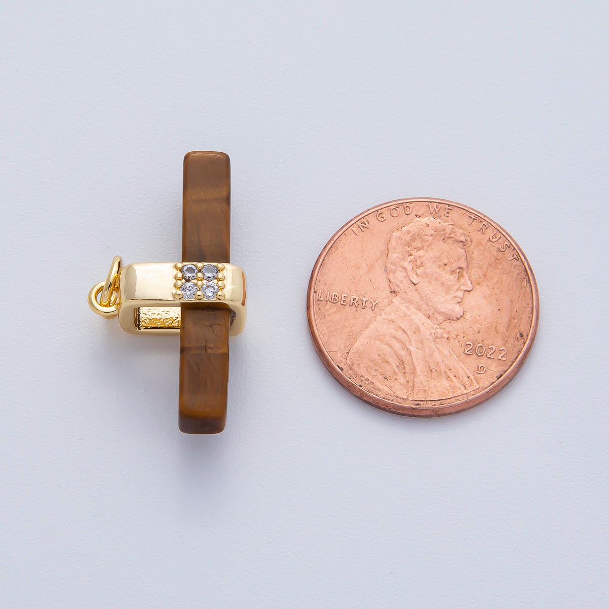 18K Gold Filled 26mm Onyx, Rose Quartz, Tiger Eye, Aventurine Gemstone Bar Micro Paved CZ Charm | AF1457 AF1458 - DLUXCA