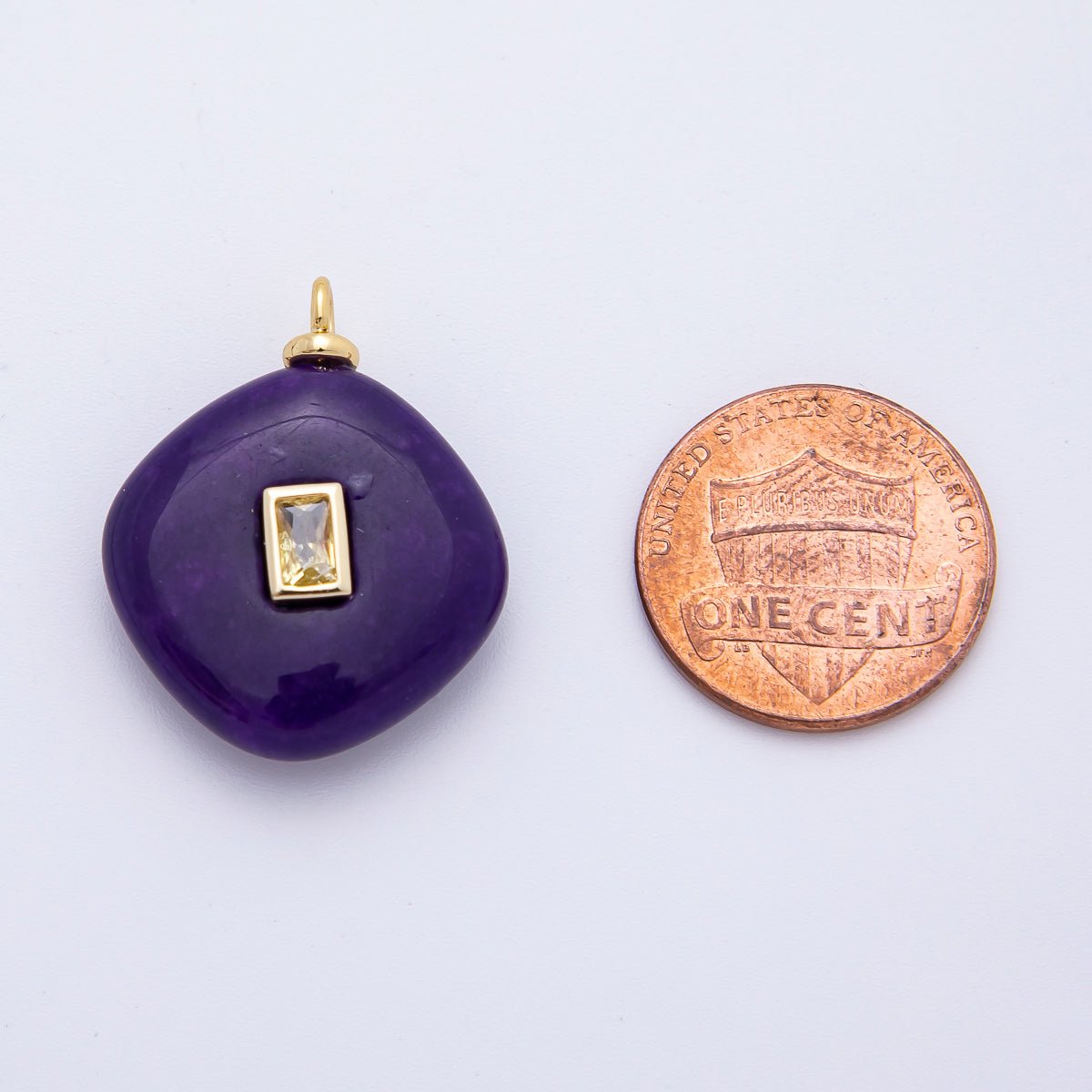 18K Gold Filled 26mm Yellow CZ Rectangular Curvy Rhombus Baolan Jade Gemstone Drop Charm | AF1338 - DLUXCA