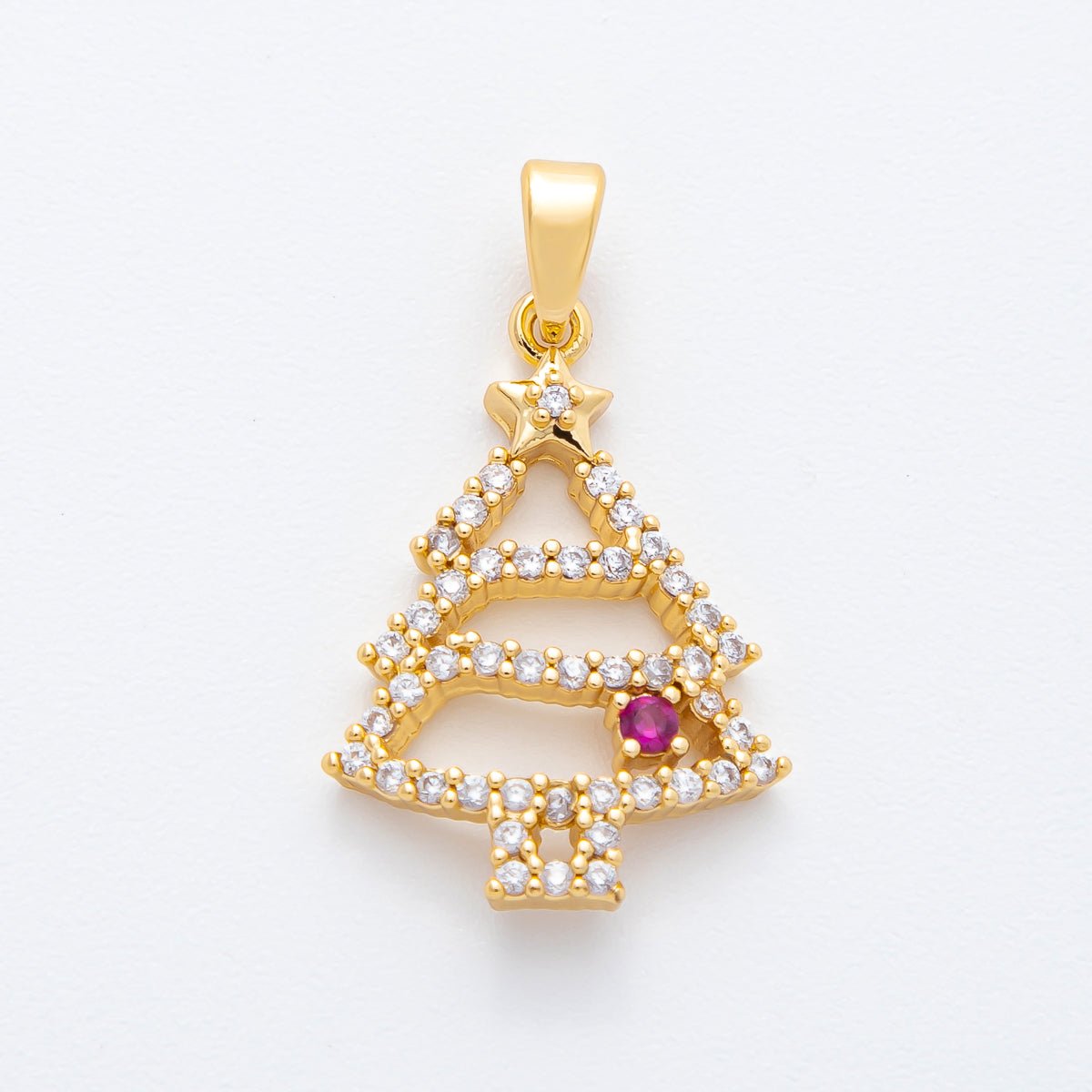 18K Gold Filled 27mm Clear & Fuchsia Micro Paved CZ Christmass Tree Pendant | AF - A1135 - DLUXCA