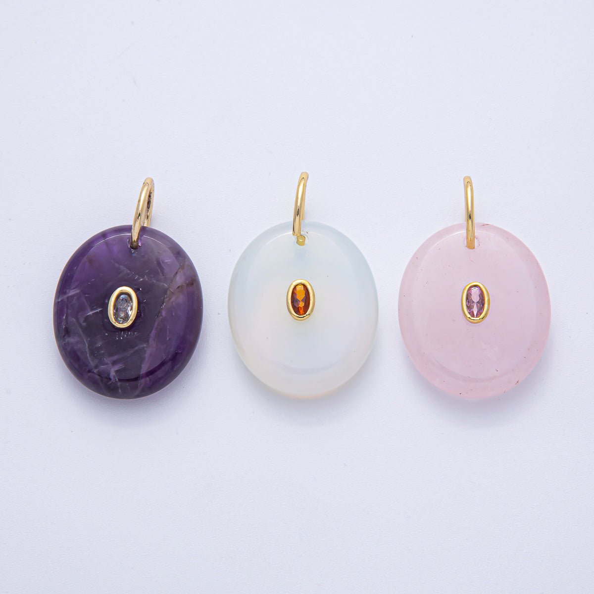 18K Gold Filled 27mm CZ Embedded Rose Quartz, Clear Quartz, Amethyst Oval Gemstone Charm | AK058 AK059 - DLUXCA