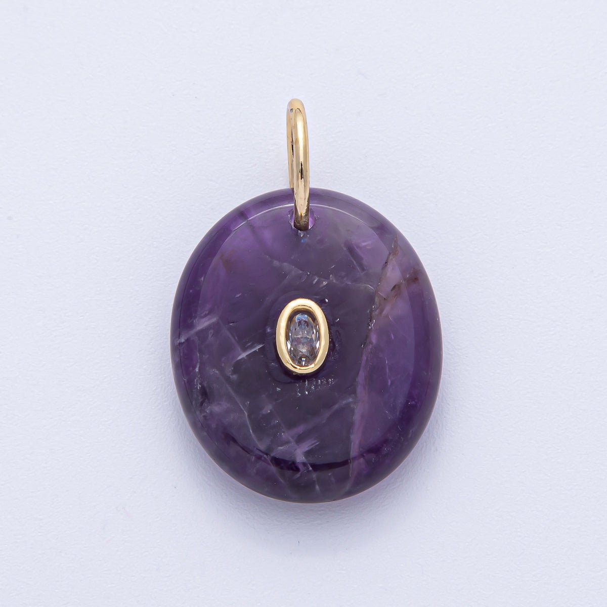 18K Gold Filled 27mm CZ Embedded Rose Quartz, Clear Quartz, Amethyst Oval Gemstone Charm | AK058 AK059 - DLUXCA
