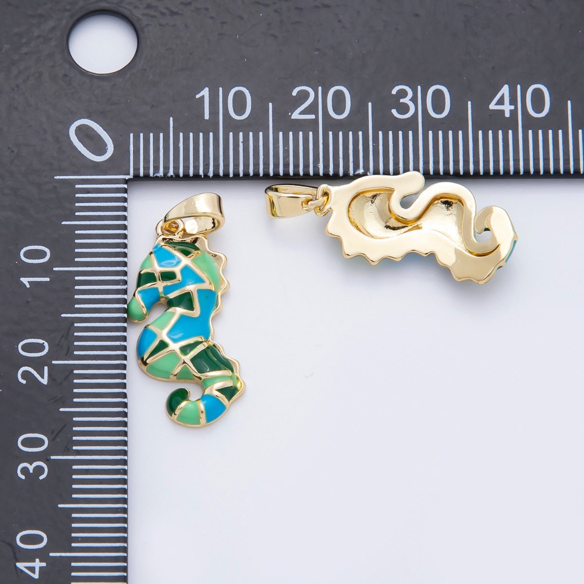 18K Gold Filled 27mm Green, Orange Enamel Seahorse Mosaic Ocean Under the Sea Animal Pendant | AF - A1103 - DLUXCA