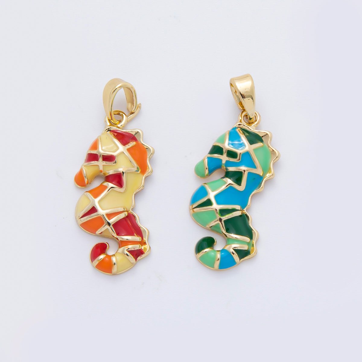 18K Gold Filled 27mm Green, Orange Enamel Seahorse Mosaic Ocean Under the Sea Animal Pendant | AF - A1103 - DLUXCA