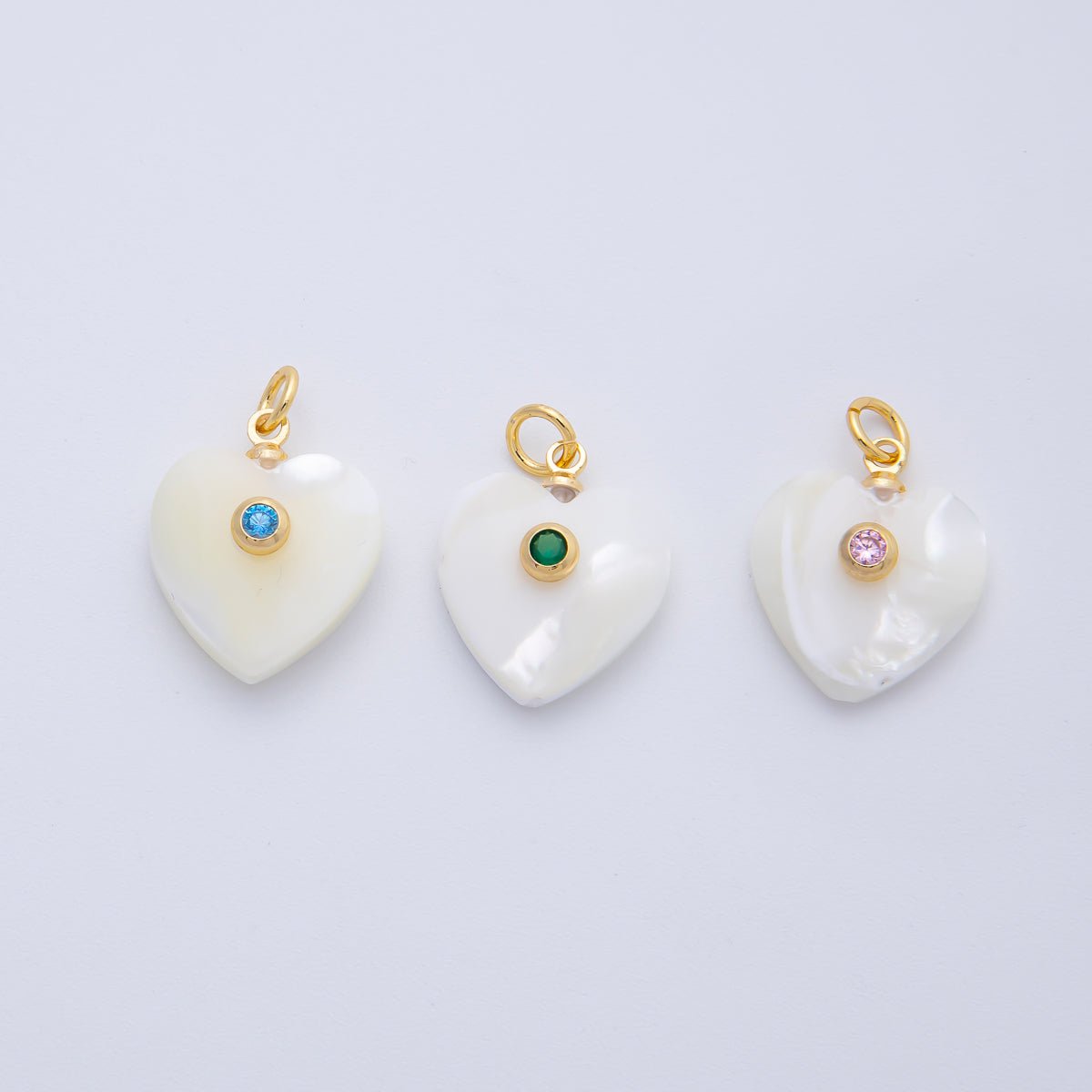 18K Gold Filled 27mm Green, Pink, Blue CZ Round Accent Heart - Shaped Shell Pearl Drop Charm | AF1395 AF1396 - DLUXCA