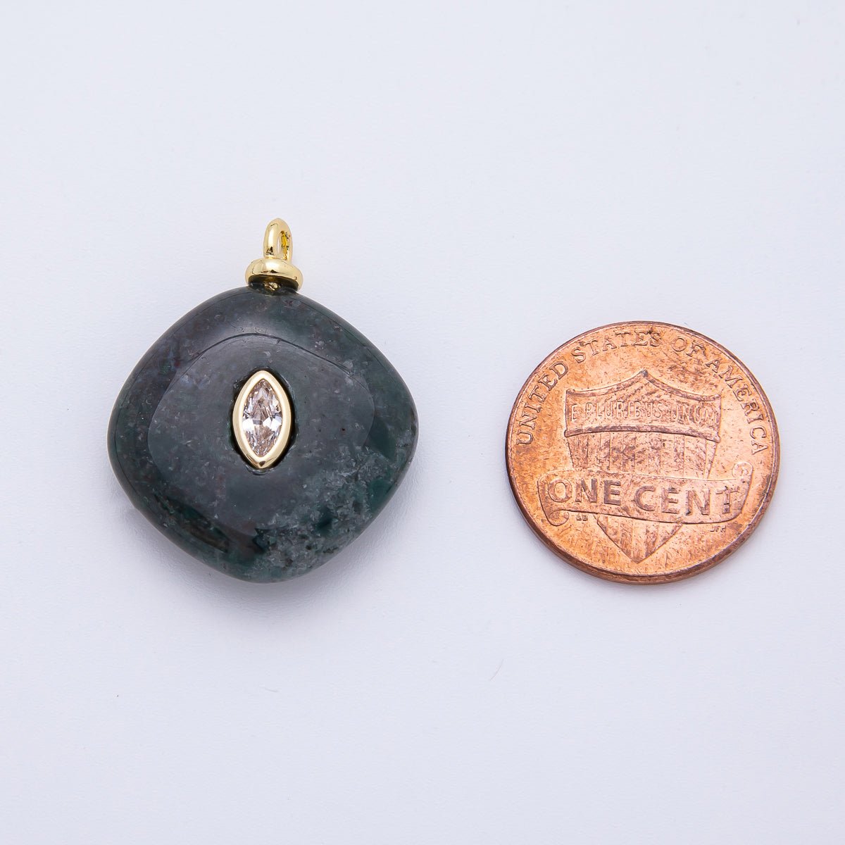 18K Gold Filled 27mm Oval CZ Accent Rhombus India Agate Gemstone Drop Charm | AF1339 - DLUXCA