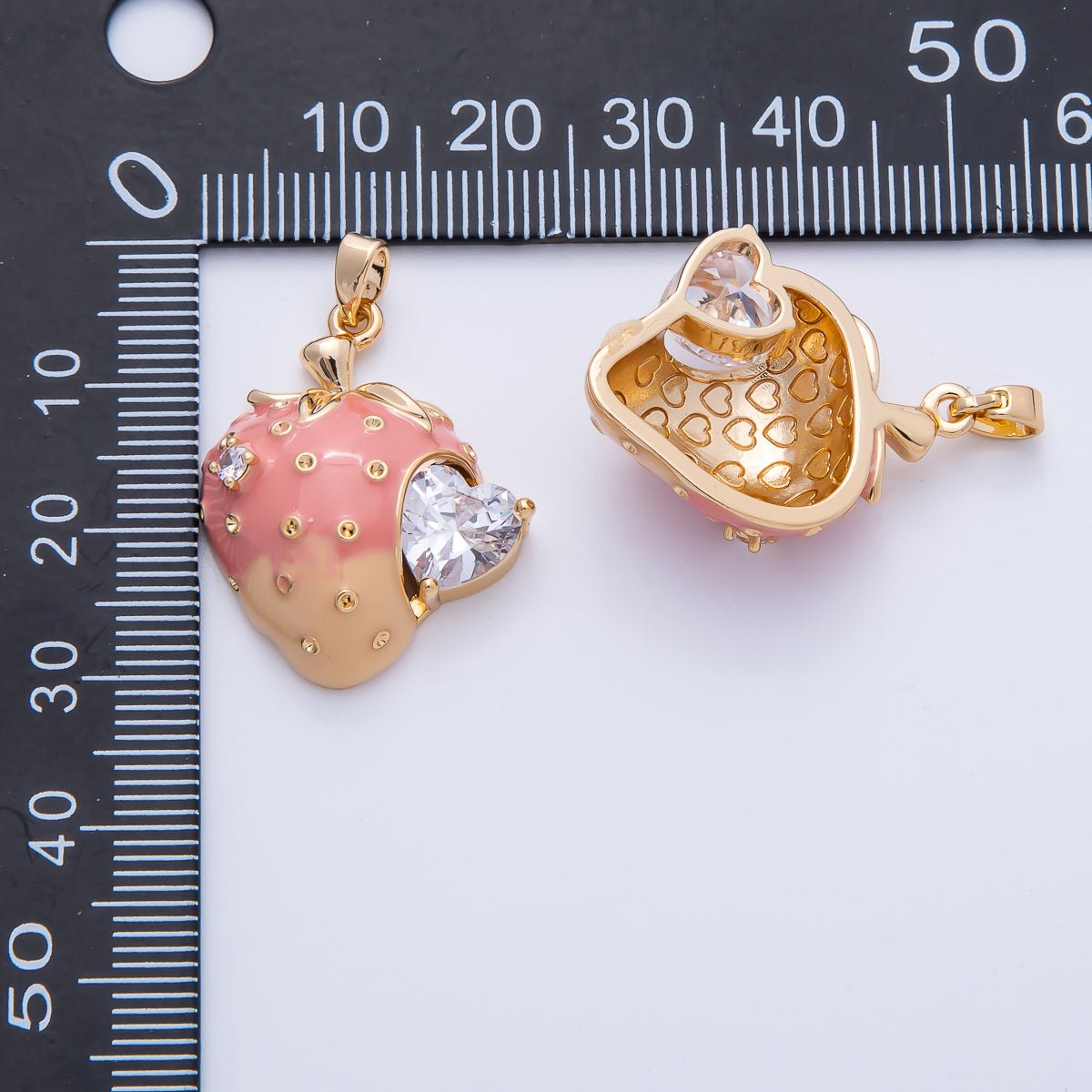18K Gold Filled 27mm Pink Strawberry Heart CZ Fruit Enamel Pendant | H236 - DLUXCA