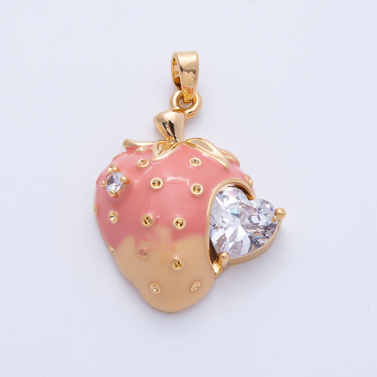 18K Gold Filled 27mm Pink Strawberry Heart CZ Fruit Enamel Pendant | H236 - DLUXCA