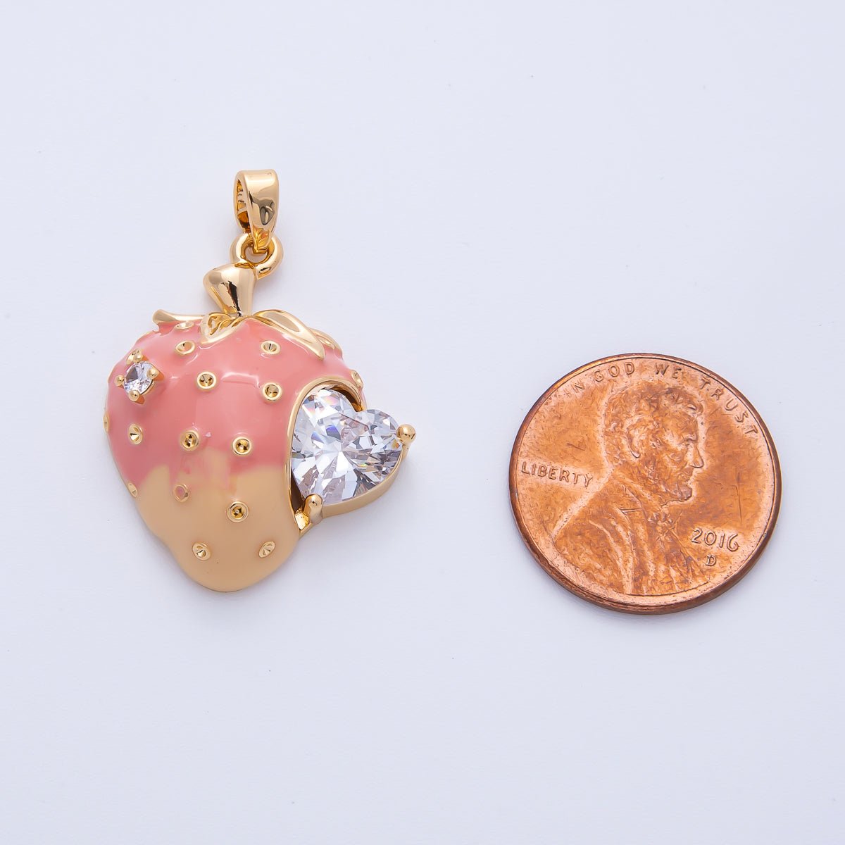 18K Gold Filled 27mm Pink Strawberry Heart CZ Fruit Enamel Pendant | H236 - DLUXCA