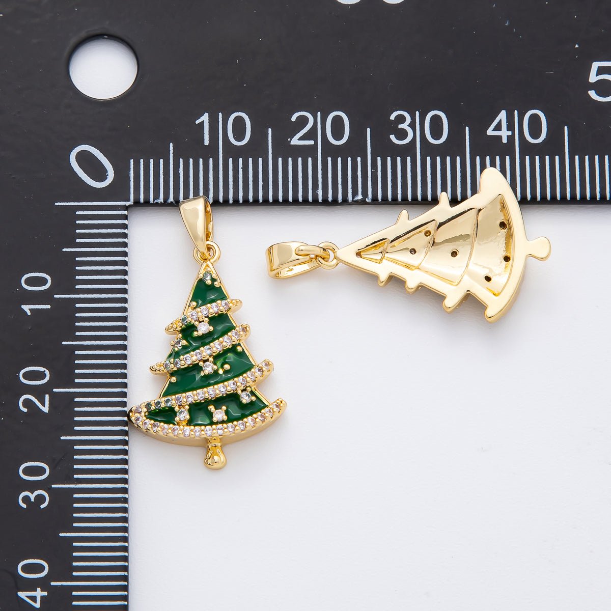18K Gold Filled 28.5mm Micro Paved CZ Enamel Green Christmas Tree Holiday Pendant | AF1137 - DLUXCA