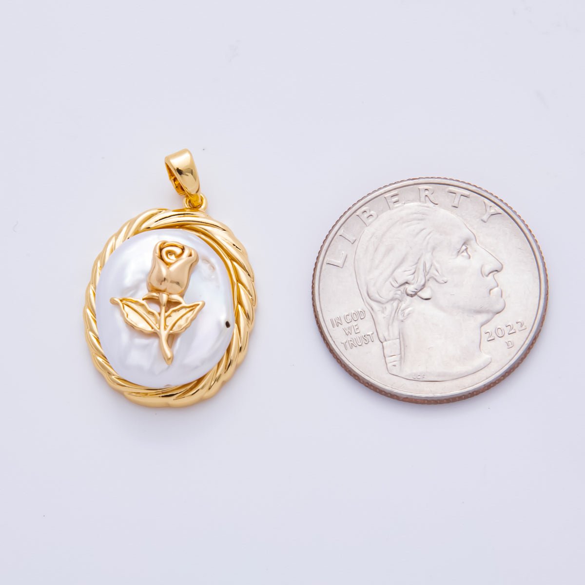 18K Gold Filled 28mm Bezel Textured Rose Flower Freshwater Pearl Pendant | AH - 810 - DLUXCA