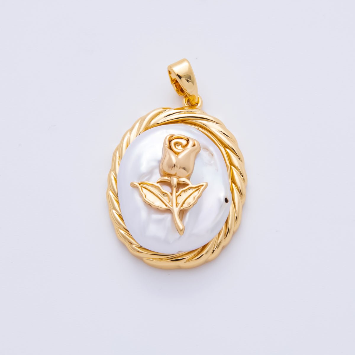 18K Gold Filled 28mm Bezel Textured Rose Flower Freshwater Pearl Pendant | AH - 810 - DLUXCA