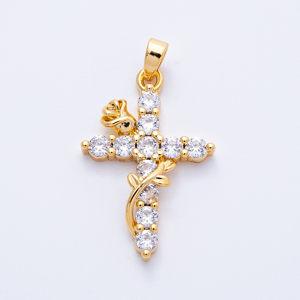 18K Gold Filled 28mm Clear CZ Religious Cross Rose Flower Pendant | Charms - 00111 - DLUXCA