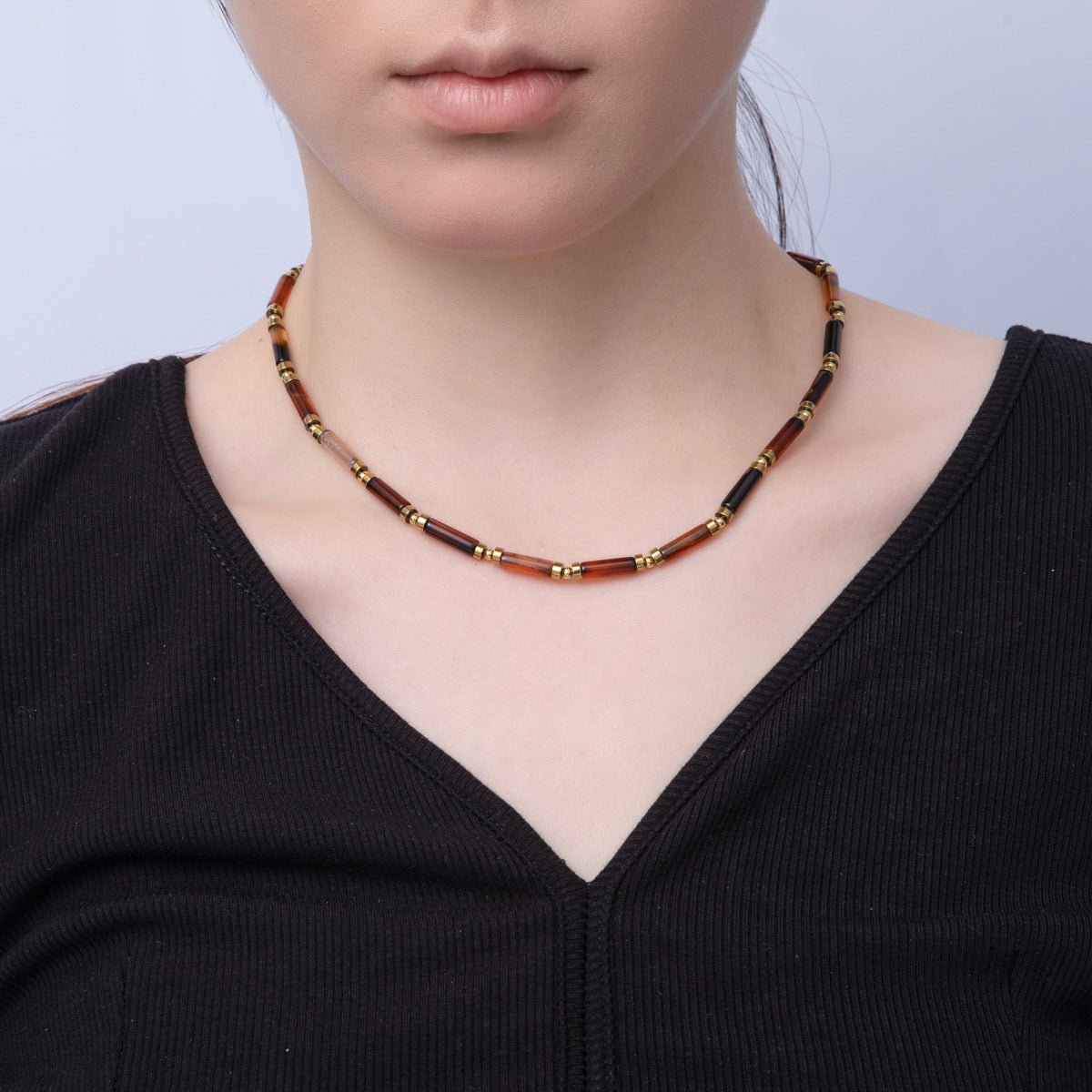 18K Gold Filled 2.8mm Natural Gemstone Tube 16.5 Inch Choker Necklace | WA - 3930 ~ WA - 3938 - DLUXCA