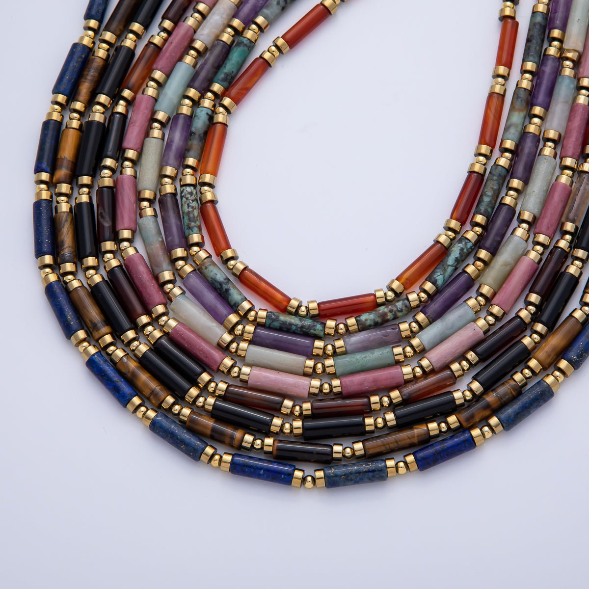 18K Gold Filled 2.8mm Natural Gemstone Tube 16.5 Inch Choker Necklace | WA - 3930 ~ WA - 3938 - DLUXCA