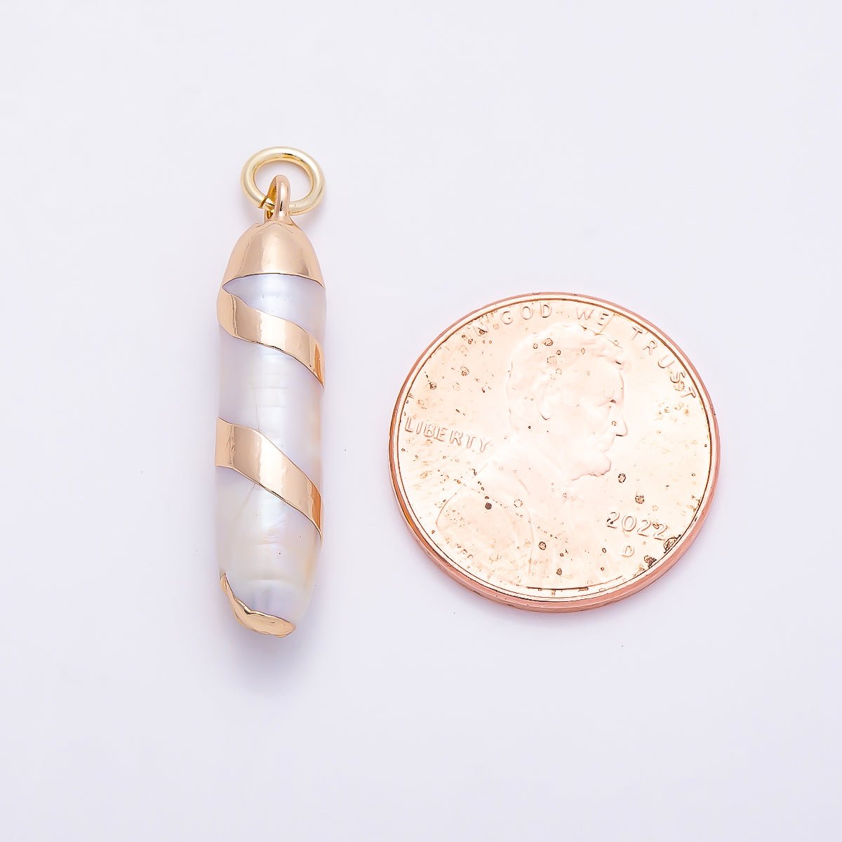 18K Gold Filled 28mm White Cylinder Biwa Freshwater Pearl Spiral Foil Charm | Charms-01372 - DLUXCA