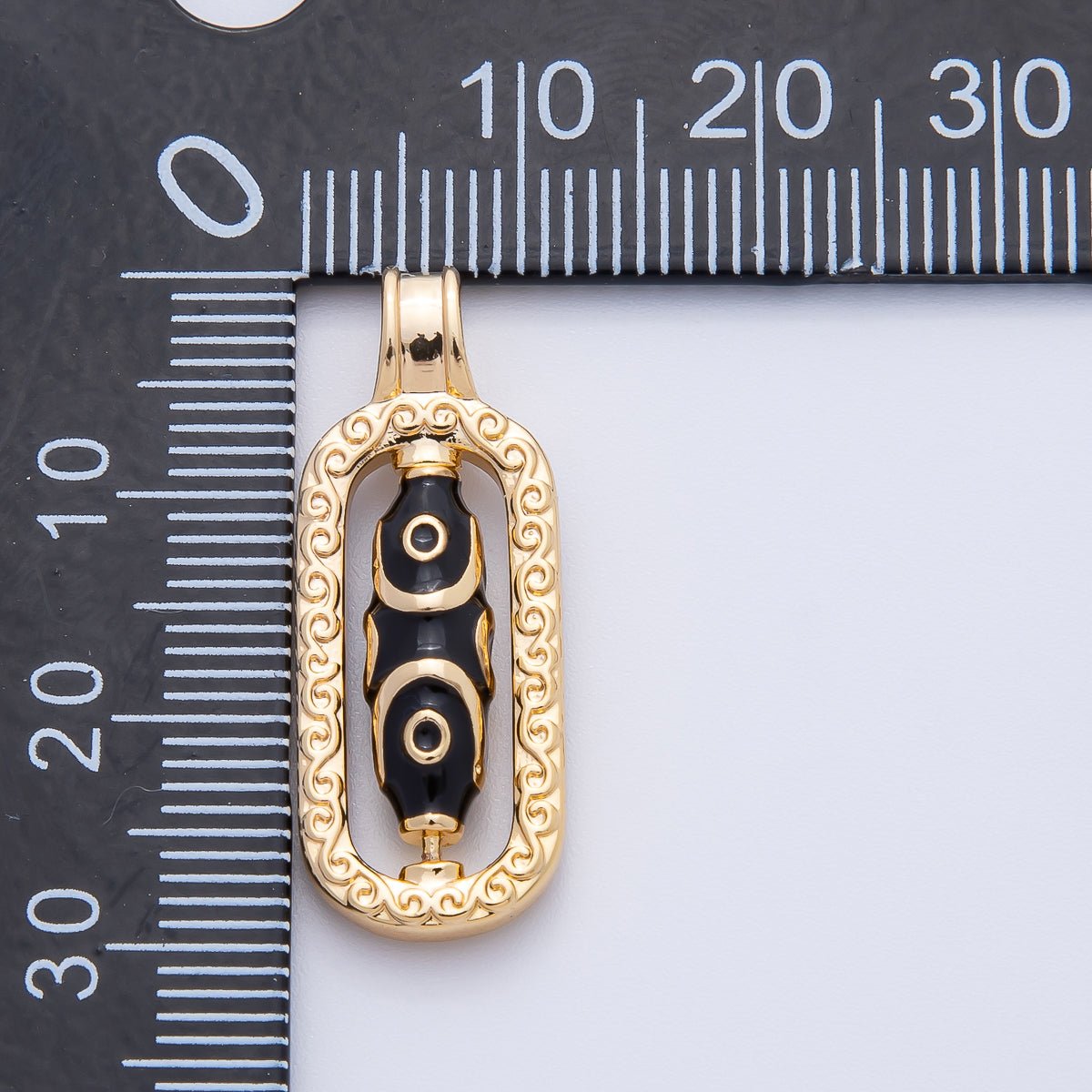 18K Gold Filled 29mm Black Handpainted Enamel Tibetan Dzi Bead Drop Pendant | AF1145 - DLUXCA