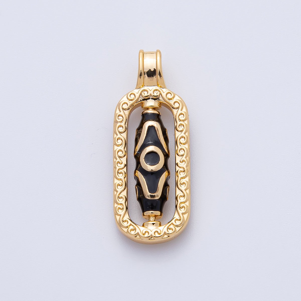 18K Gold Filled 29mm Black Handpainted Enamel Tibetan Dzi Bead Drop Pendant | AF1145 - DLUXCA