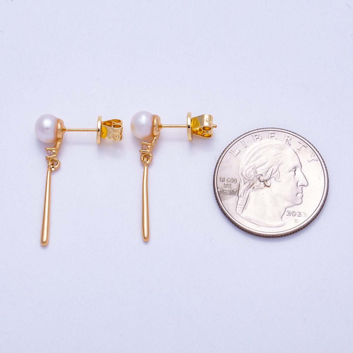 18K Gold Filled 29mm Shell Pearl Round Molten Bar Drop Stud Earrings | Earrings - 00352 - DLUXCA