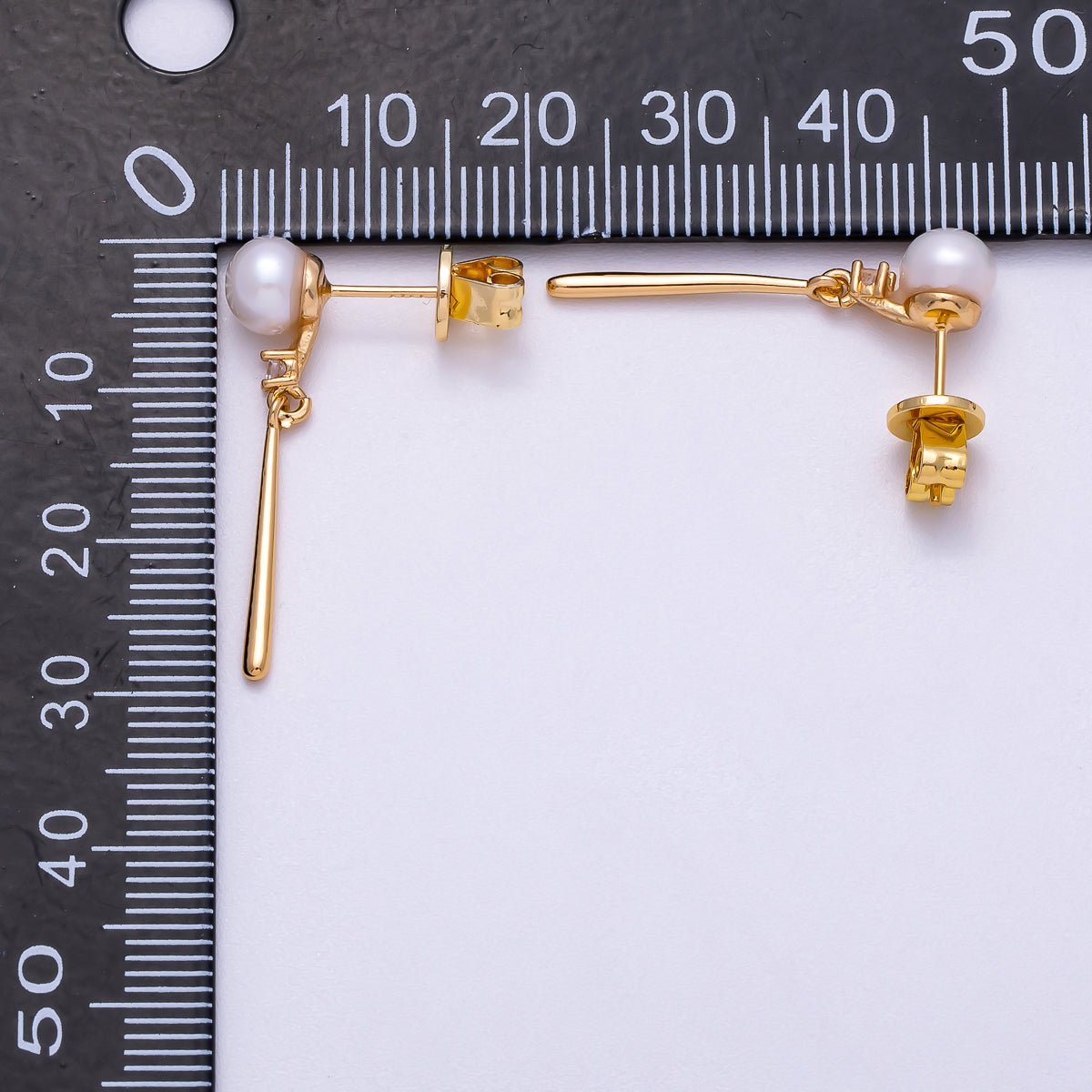 18K Gold Filled 29mm Shell Pearl Round Molten Bar Drop Stud Earrings | Earrings - 00352 - DLUXCA