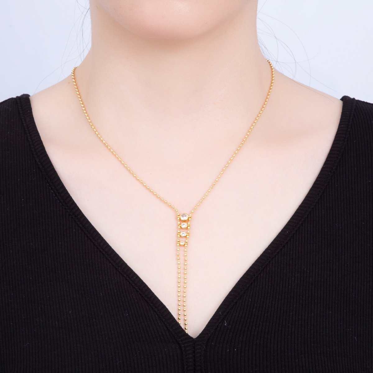 18K Gold Filled 2mm Clear CZ Gradient Round Ball Bead 18" Inch Lariat Necklace | WA - 04037 - DLUXCA
